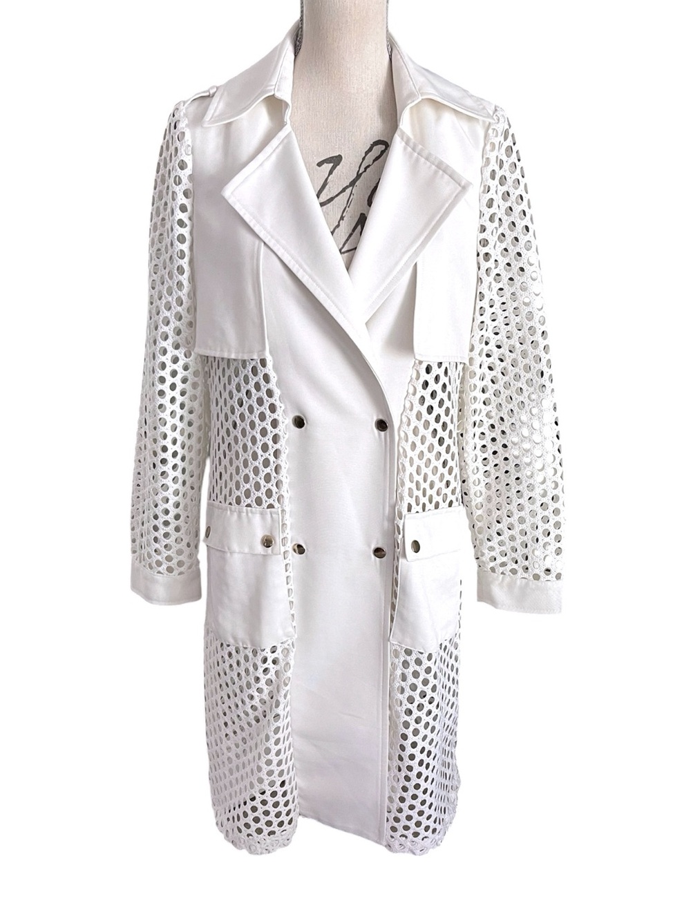 SHEIKE (Australia) White Perforated Eyelet Crochet Midi Trench Coat (6)